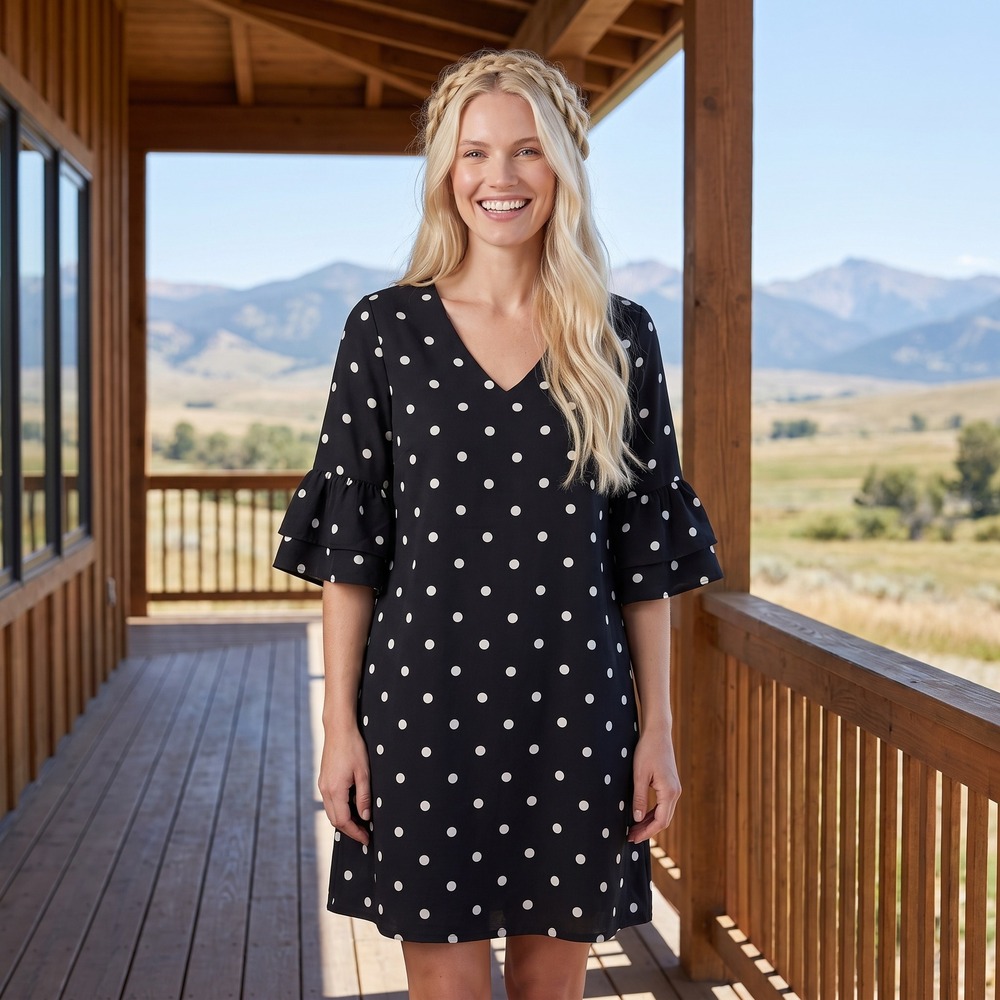 BELONGSCI 8817 Shift Dress Womens M Black Polka Dot Ruffle Bell Sleeve